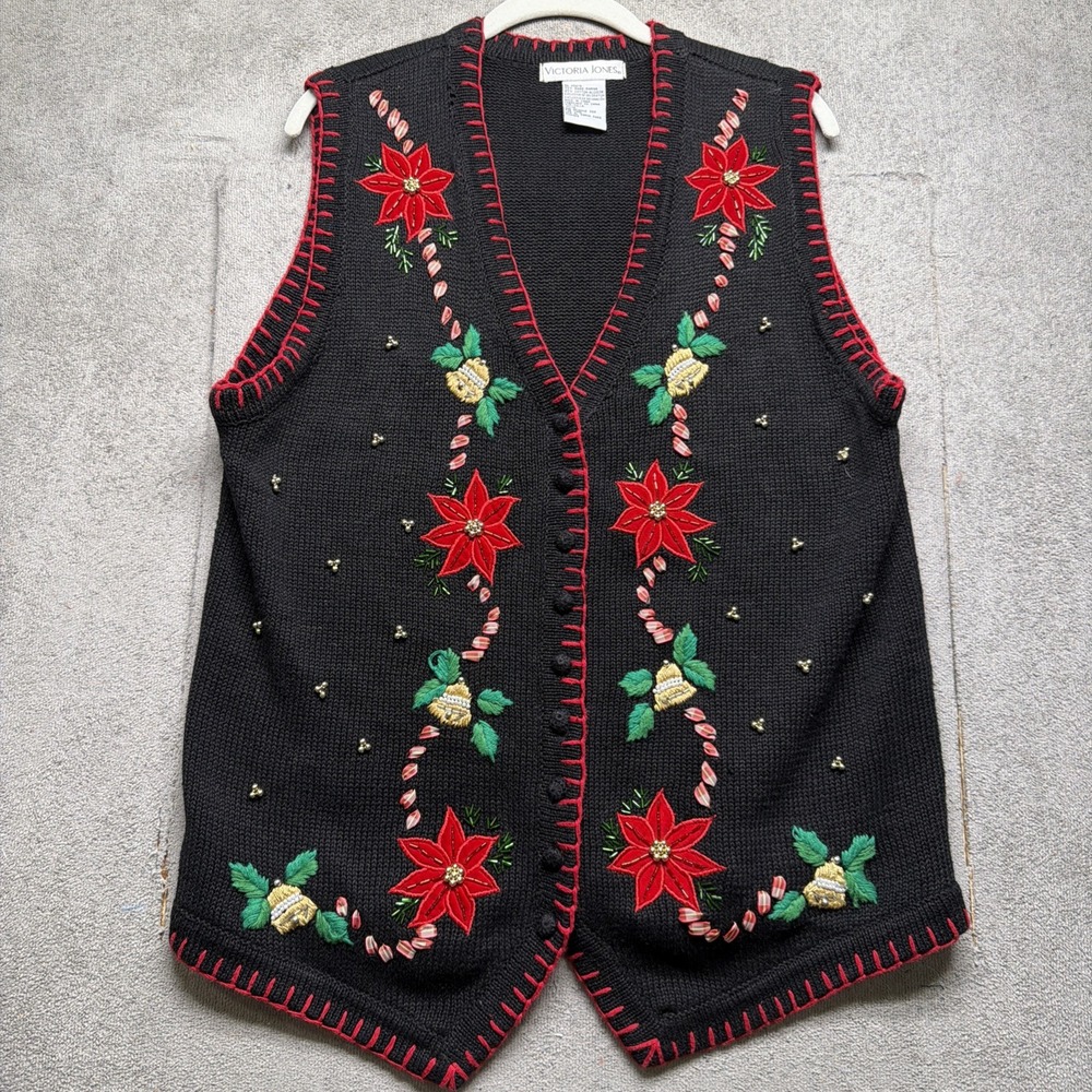 Vintage Christmas Sweater Vest Black‎ Embroidered Floral Holiday Womens Medium